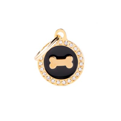 MYFAMILY® GLAM GOLD BLACK CIRCLE BONE WITH DIAMONDS DOG TAG
