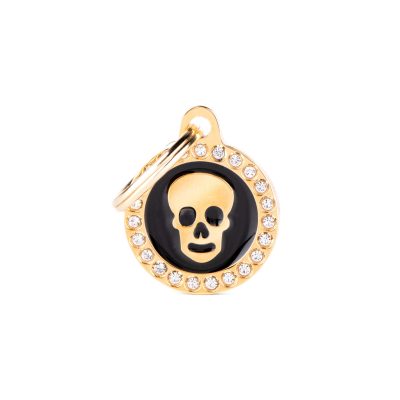 MYFAMILY® GLAM GOLD BLACK CIRCLE SKULL WITH DIAMONDS DOG TAG