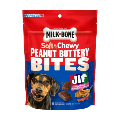 MILK BONE® SOFT & CHEWY - PEANUT BUTTER BITES - MADE WITH JIF PEANUT BUTTER & BACON 334 gr.