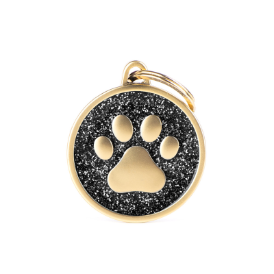 MYFAMILY®SHINE LARGE CIRCLE BLACK GLITTER DOG TAG WITH SATIN GOLD PAW