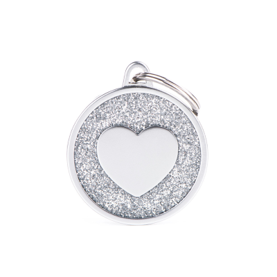 MYFAMILY®SHINE LARGE CIRCLE TAG, GRAY GLITTER, SATIN HEART