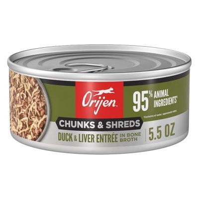 ORIJEN™ CHUNKS & SHREDS, DUCK & LIVER ENTRÉE IN BONE BROTH, 155G